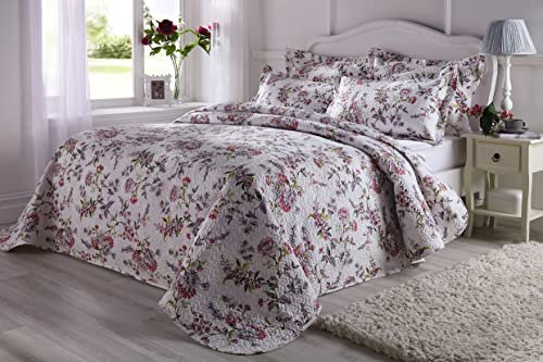 MySmartBuy.com Flower Garden Quilted Bedspread Size King – Lightweight & Comfortable Pink and Lilac Floral Design Summer Bedding Set with Matching Pillow Shams
