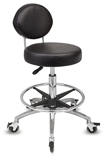 Staboos Rollhocker bis 160 kg - Premium Sitz rund mit Lehne und Fußstütze - Praxishocker (Premium Rollen mit Bremse) Drehhocker höhenverstellbar (55 cm bis 75 cm) Rundsitz