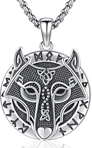 Wikinger Wolf Halskette für Herren Männer Wolf Anhänger Kette Silber 925 Wikinger Fenrir Kette mit Runen Witcher Kette Wolf Schmuck Original für Männer Herren