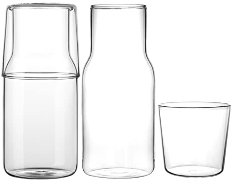 Hniuyun 4Pcs Bedside Water Carafe Set with Tumbler, 550ml Clear Glass Juice Water Pitcher, Glass Mouthwash Bottle for Kitchen, Bedroom or Bathroom
