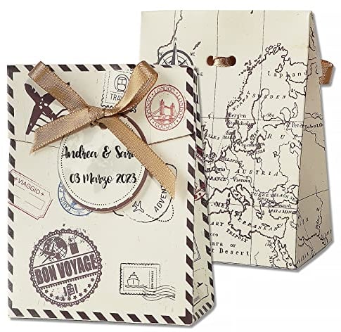 50 Stück Vintage Geschenkboxen 8x4x10cm mit Reisekarte-Design inkl. Geschenkanhänger und Bändern Kleine Geschenkschachtel für Hochzeit Gastgeschenk Geburtstag Geschenkverpackung Rente usw.