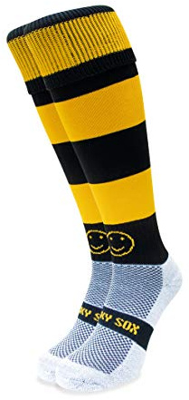 WackySox - Black and Amber Hoop Rugby Socks, Sports Socks for Men and Women, Mens Work Socks, Mens Socks, Perfect Socks for Riding, Football, Running, Hockey and other Sports Activities