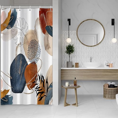 Hnmdmyi Duschvorhang Boho 90x180, Mid Century Abstrakt Marineblau Gold Geometrische Blätter Badewanne Vorhang Modern Ästhetisch Neutral Minimalistisch Wasserdicht Polyester Stoff Waschbar Badevorhang