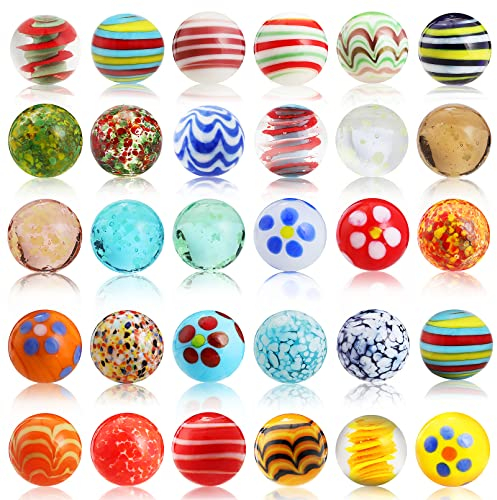 Loppdece 30 Stück Murmeln für Kinder Spiel,Glasmurmeln-Glas,Kinder Murmelspiel,25 Stück Bunte Glasmurmeln und 5 Stück Glow in The Dark Punktierte Glasmurmeln Für Dekoration Oder Murmelspie(15 mm)