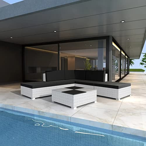 Homgoday Gartenmöbel Set 6-TLG. Garten Lounge-Set mit Auflagen Gartensofa Rattansofa Lounge Sitzgruppe Sofagarnitur Gartenlounge Mittelsofa Ecksofa Poly Rattan Weißes
