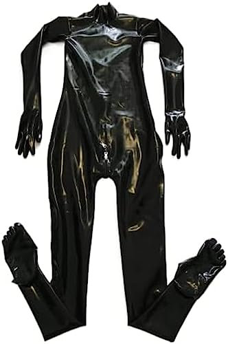 Black Latex Fetish Bodysuits Catsuit Gloves Toes Socks with Lockable Back Crotch Zip,Yellow,Small