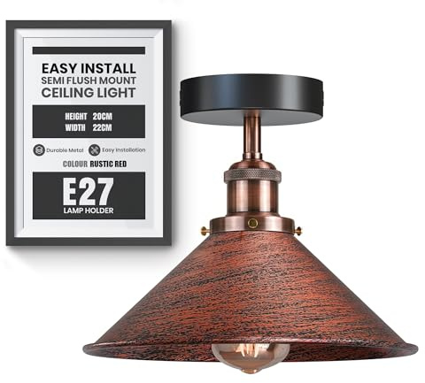 Vintage Flush Mount Ligthing Metal E27 Base 22cm Rustic Red Cone Lampshade Indoor Ceiling Lights for Bedroom, Kitchen, Hallway Without Bulb