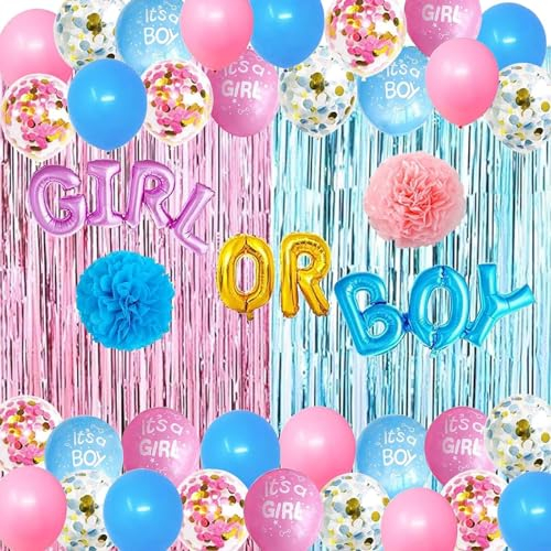 Baby-Geschlechtsoffenbarungsdekorationen, Jungen- oder Mädchengeschlechtsoffenbarungsdekorationen, rosa und blaue Luftballons mit Fransenvorhängen, Seidenbommeln für die Geschlechtsoffenbarungsparty