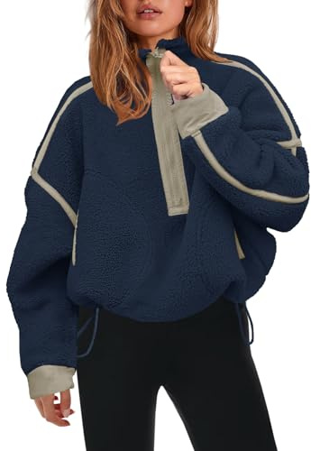 Panadila Womens Half Zip Sherpa Fleece Pullover Soft Oversized Sweatshirt with Pockets Warm Fuzzy Sweater, Navy, S