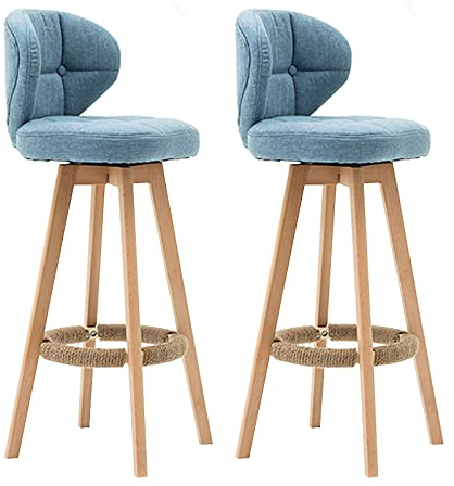 Junpllvic Drehbare Barhocker, 2er-Set, Küchenhocker, Leinen gepolstert, Thekenhöhe, Barhocker mit Rückenlehne, Beine aus Massivholz, Fußstütze, max. Belastung: 200 kg, Blau