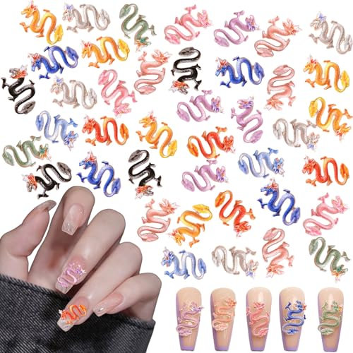 Dragon Nail Charms, 100 Pcs Resin Chinese Dragon Nail Charms for Long Nails, Zodiac Dragon Nail Jewellry 3D Nail Art Decorations for Nail Art Design DIY Crafts (E Multi-Colored)