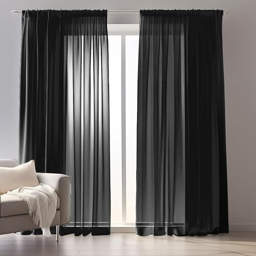 wiipara 2er Set Voile Gardinen Vorhang Schwarz, Transparente Vorhänge Wohnzimmer Curtains aus Voile Polyester, Luftige Gardine Gardinenschals Dekoschal für Schlafzimmer, 132x240CM(BxH), Rod Pocket