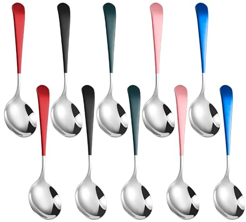 LIUCONGBD Lot de 10 cuillères à soupe en acier inoxydable colorées avec tête ronde, poignée courte épaisse, cuillère de table coréenne, cuillères à soupe argentées pour soupe, céréales, dessert, lait,