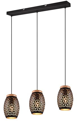 lightling 3-flammige Pendellampe Bill mit Holzakzenten, Höhe anpassbar, Deckenmontage, IP20 Indoor, exkl. 3 x E27 max. 28W, Ø 15 cm, Höhe 150 cm, Breite 71 cm, Metall, schwarz-gold