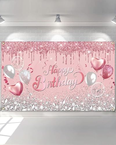 Avezano Rose Gold Birthday Backdrop Banner with Rose Pink and Silver Glitter Balloons - 70.8 x 43.3 Inch