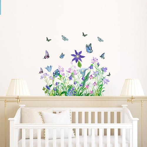 Wall Art for Bathroom Stickers Butterfly - Bedrooms Colorful Flowers Decals Attractive Flying Butterflies Garden Flower Green Fresh Leaves Walls Sticker Removable DIY Art Décor 0402