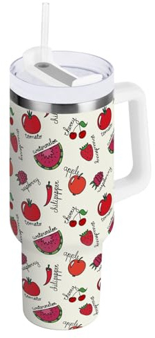 Chilli Watermelon Isolierte Edelstahl-Wasserflasche mit Griff und Strohhalm-Deckel, doppelwandiger Reisebecher, 1,2 l