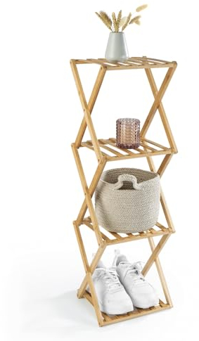 Lumaland Étagère en bambou à 4 étages pliable | Organiseur – Idéal pour garde-robe, dans la salle de bain et comme étagère de cuisine | Étagère pour décoration – Sans montage, étroite, peu encombrante