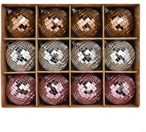 HOHOVYVY Lot de 12 boules à facettes facettes - Décoration de 8 cm - Pour sapin de Noël - Décoration de fête - Marron rose argenté