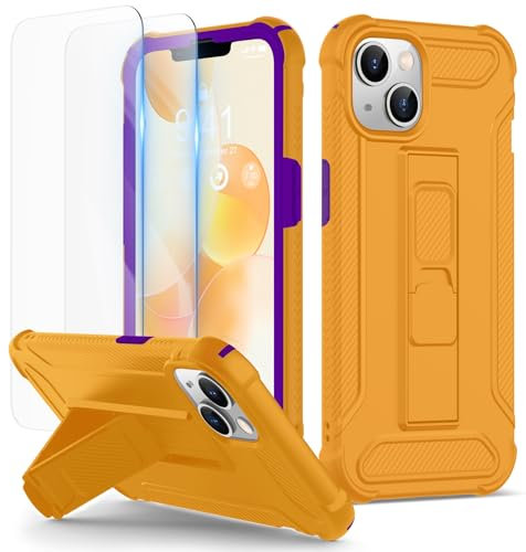 ORETECH for iPhone 13 Case, and [2 Pack 9H Anti-Scratch Tempered Glass Screen Protector] [Built-in Kickstand] Military Grade Shockproof Ultra Thin Silicone Bumper PC Hybrid Cover - Yellow