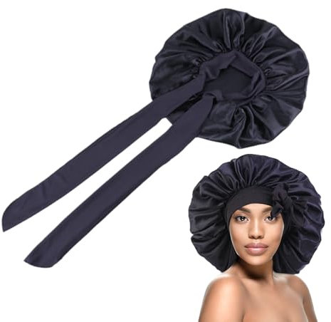 Seidenhaube Zum Schlafen,Silk Bonnet Seide,Satin Haarhaube für Damen,Schlafhaube Haare Schützen,Satin Haube Sleeping Cap,Seiden Schlafmütze Verstellbar,für Lockiges Haar Glatt Atmungsaktiv (Schwarz)
