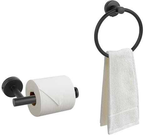 KTHZI 2 Pack Toilet Roll Holder and Towel Holder Set,Bathroom Storage Decor Accessories Hand Towel Rail Ring Rack Wall Mounted,Black