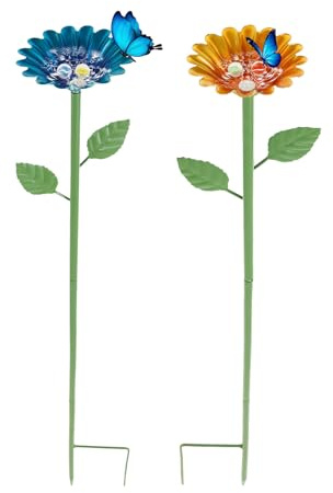2 Pack Bee Watering Station for Garden with Glass Marbles, Colorful Metal Flower Bee Cups, Bird Feeders for Bees Butterflies Pollinators, Garden Stakes Decorative Outdoor Wildlife Feeder