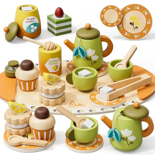 Wooden Tea Set for Toddlers, Pretend Play Tea Party Set for Children 3 Year Old Girls & Boys