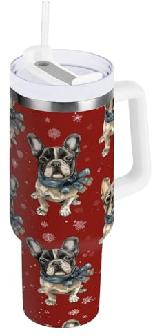 ZZXXB Christmas French Bulldog Insulated Stainless Steel Water Bottle with Handle and Straw Lid Double Walled Travel Mug 40 oz