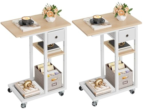 YITAHOME 2PCS C-Shaped Slim Sofa End Table with Fabric Drawer, Oak | Open Compartments and Lockable Wheels, Movable Side Table Workstation for Small Spaces, Living Room, Bedroom