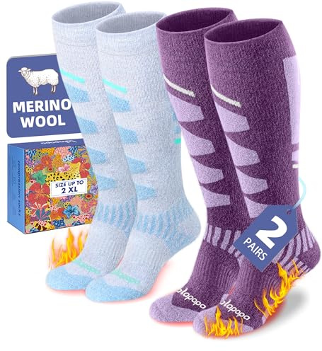 Lalapapa 2 Pairs Merino Wool Ski Socks for Women Men - Warm Thermal Padded Cushioned Knee High Socks for Winter Skiing Snowboarding, Purple & Light Blue, 2XL