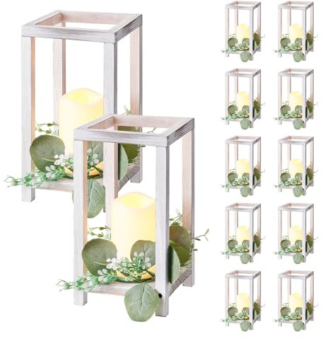 VEVOR Set Lanterna in Legno 12 Pezzi per Feste Lanterna in Legno Candele LED Senza Fiamma Ghirlande di Foglie di Eucalipto per Decorazioni Tavolo Carico 6,08 kg per Matrimoni, Feste in Fattoria