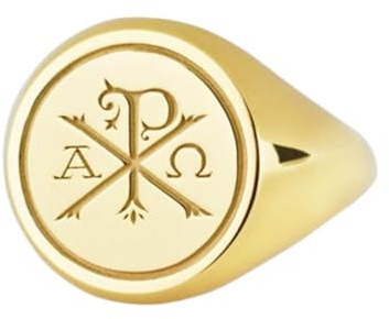 LKBEADS Chi Rho-Ring aus 925er Sterlingsilber | Vergoldeter Ring | Siegelring in runder Form, 14 x 14 mm | Bandgröße US 5–12,5 Avelaibal | LKDR_0160
