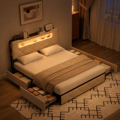 Polsterbett Doppelbett 160x200 cm, LED Bett 160x200 mit Bettkasten, Stauraumbett mit 4 Schubladen und Lattenrost, Staufach-Kopfteil mit USB-Ladestation, Jugendbett Funktionsbett,Samt
