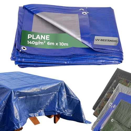STREND PRO Abdeckplane 6x10 – Wasserdicht mit Ösen | Outdoor Gewebeplane Bauplane 140g/m² | Regenplane blau 6x10m | UV-beständig | Holzplane für Gartenmöbel, Zelt, Camping | Abdeckung Plane