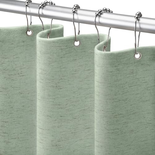 NDDYCU Duschvorhang Grün Leinen 120x200 Boho Shower Curtain Badewanne | Naturleinen-Mischgewebe, Ungebleichte Flachsfasern, 100% Wasserdichte Folie, Gewicht Saum, 12 Metallhaken