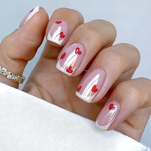 24Pcs Valentines Day Electroplate Press on Nails Short Square Fake Nails French Heart with Metallic Chrome False Nails White French Artificial on Nails for Women Girls Dating Manicure Decoration