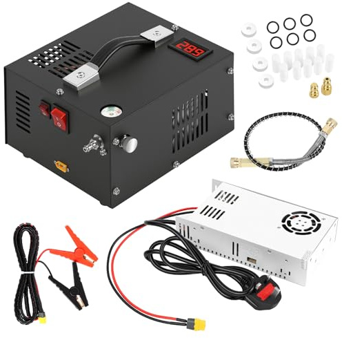 PCP Air Compressor 4500PSI/30MPa Portable Pcp Compressor with External Power Adapter, Built-in Fan, 12V Dc/110V Ac, no Water & Oil Required, Suitable for Air Rifle, Paintball, Air Rifle, Car Tires