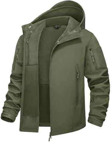 KEFITEVD Angeljacke Herren Winter Viele Taschen Wasserdicht Softshelljacke Winter Militär Jacke Softshell Arbeitsjacke mit Kapuze Übergangsjacke Männer Armeegrün M