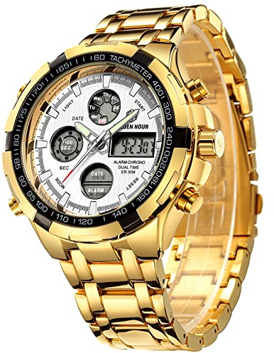 GOLDEN HOUR Luxus Edelstahl Analoge Digitaluhren für Männer Männlich Outdoor Sport Wasserdicht Große Schwere Armbanduhr (Gold Weiß)