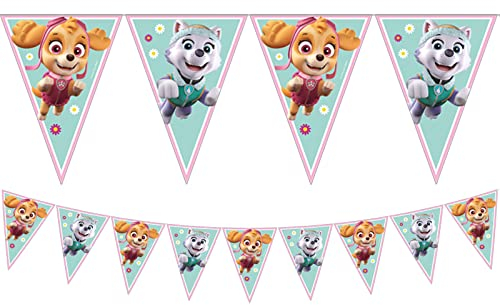 Procos 90279 – Banderines de la Patrulla Canina, Skye & Everest, longitud 230 cm, guirnalda de plástico, héroes en cuatro patas, perros, fiesta, decoración, multicolor (rosa/verde)
