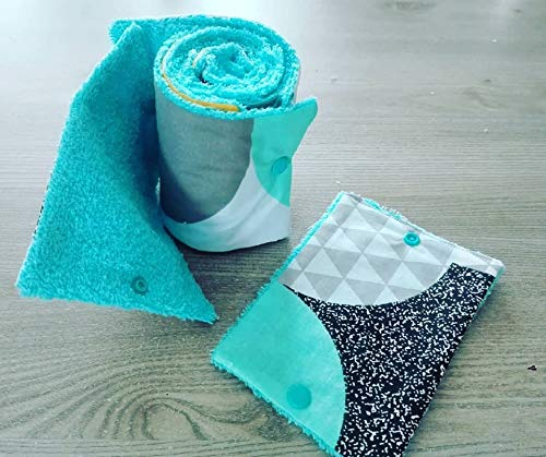 papier toilette lavable, en coton et éponge, zéro déchet, motif blanc turquoise et noir,idée cadeau, fait main, zéro waste