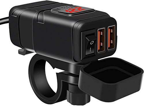 Kriogor Dual USB Motorcycle Car Charger, 3.0 Quick Charger and 6-30 V LED Voltmeter with Independent Switch, IP65 Waterproof Car Charger for 12 V Boat SUV Marine