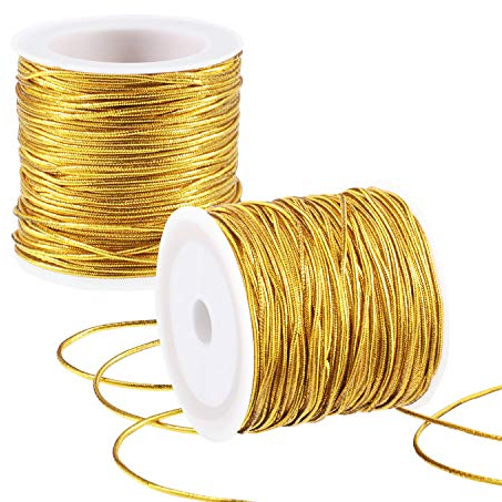 2 Rollen Metallisch Elastisch Schnüre Strecken Schnüre Band Metallisch Lametta Schnur Seil zum Basteln Geschenkverpackung, 1 mm 55 Yards (Gold)