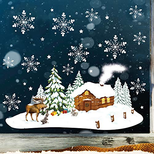 Wandtattoo Loft Fensterbilder Weihnachten Winterhäuschen und Schneeflocken – Wiederverwendbar – A3 Bogen – Weihnachstdeko Fenster Kinderzimmer, Weihnachtsbilder Fenster, Fensterbild Winter