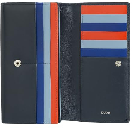 DUDU Brieftasche RFID Damen Leder Farbiges Design Lang mit Münzfach mit Reißverschluss 18 Kreditkartenfächer und Knopfverschluss Navy