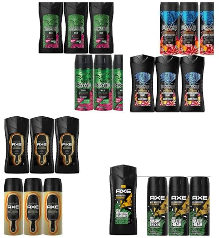 23tlg. STUDIO.MUNET Set: Axe Männer Deo Body Spray + Duschgel | 4 Sorten | Wild Green Wood & Cedarwood | Gold Caramel Billionaire Magnum | Wild Fresh | Skateboard + Dustbag