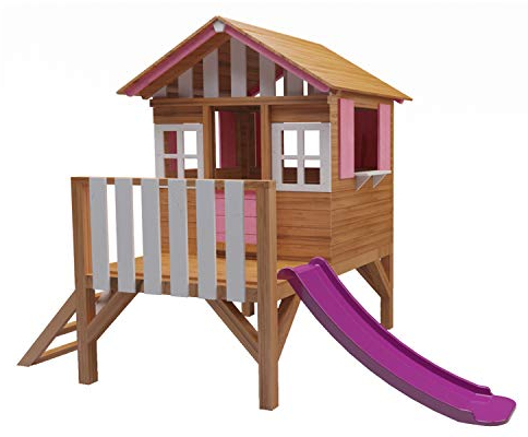 | MASGAMES Lollipop erhöhtes Kinderhaus aus Holz | mit passender Rutsche | Plattformhöhe 59,5 cm | behandeltes Holz | (Rosa)