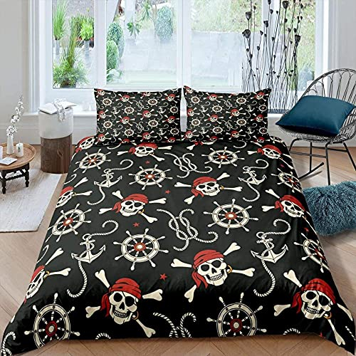 DJHFGH Bettwäsche 135X200 Schwarzer Pirat 90Gsm Mikrofaser Bettbezug Mit 2 Kissen 80X80Cm Stabilem Reißverschluss Befestigungsgurt Junge Erwachsene Kinder Mädchen Schüler