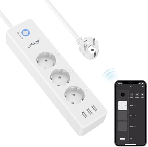 Regleta conectada WiFi, Inteligente 3 Tomas 16A y 3 USB, medición de Consumo de energía, Compatible con Alexa y Google Home, función de Temporizador, 1,5 m, 2,4 GHz